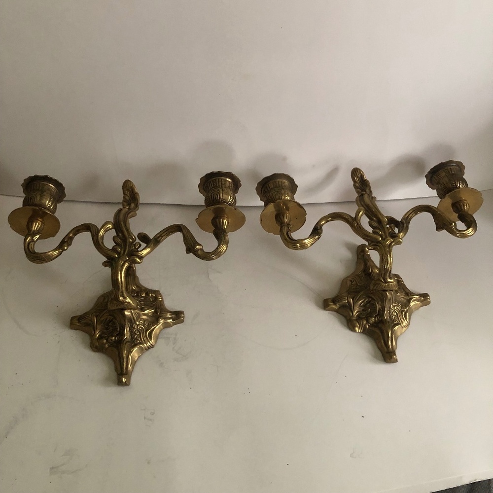 Vintage rocco style brass wall candlestick holders, possibly French -used